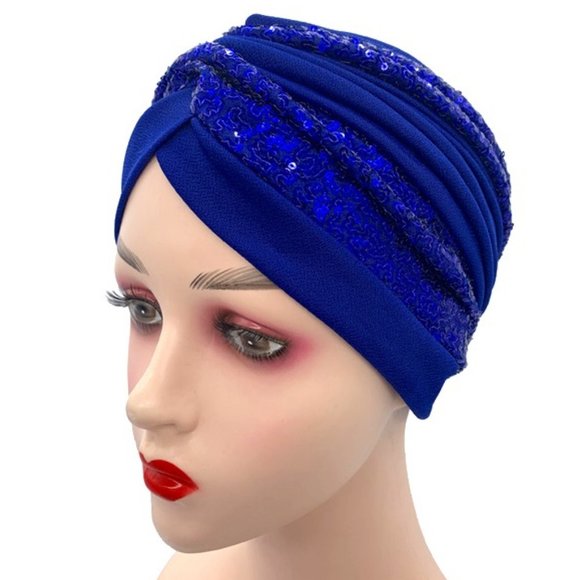 Hat Accessories - Royal Blue & Burgundy Sequin Glitter Turban Women Head Wraps Hat Gift